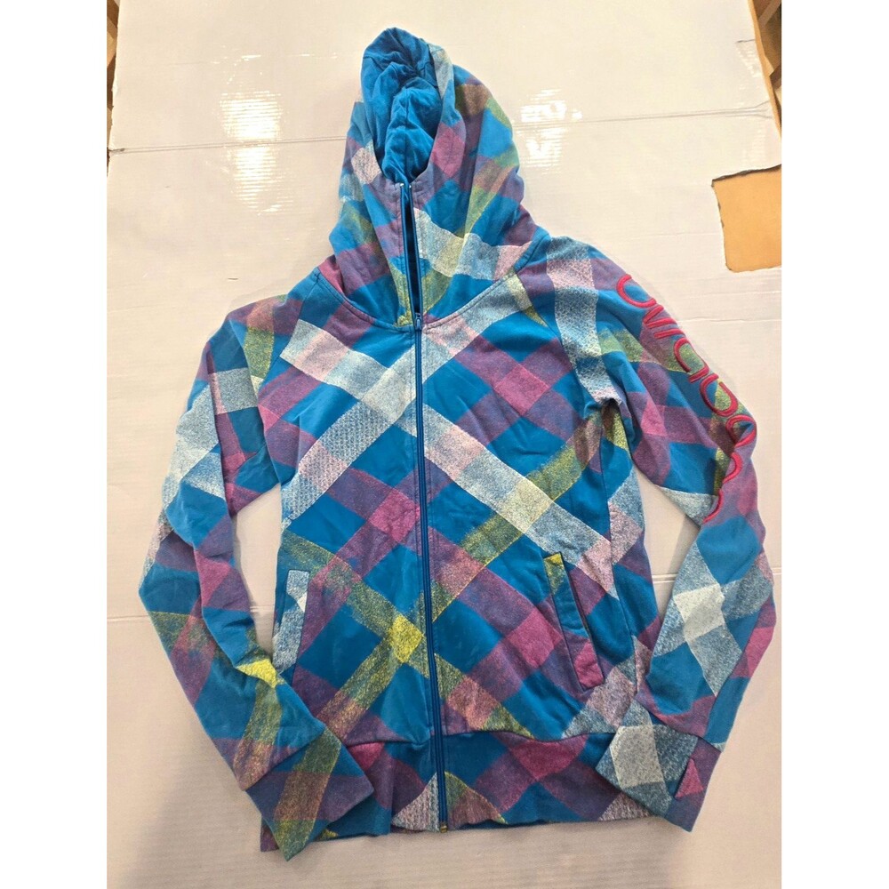 Billabong Womens XL Y2K Plaid Zip Up Hoodie Blue Pink Surf Skate Embroidered
